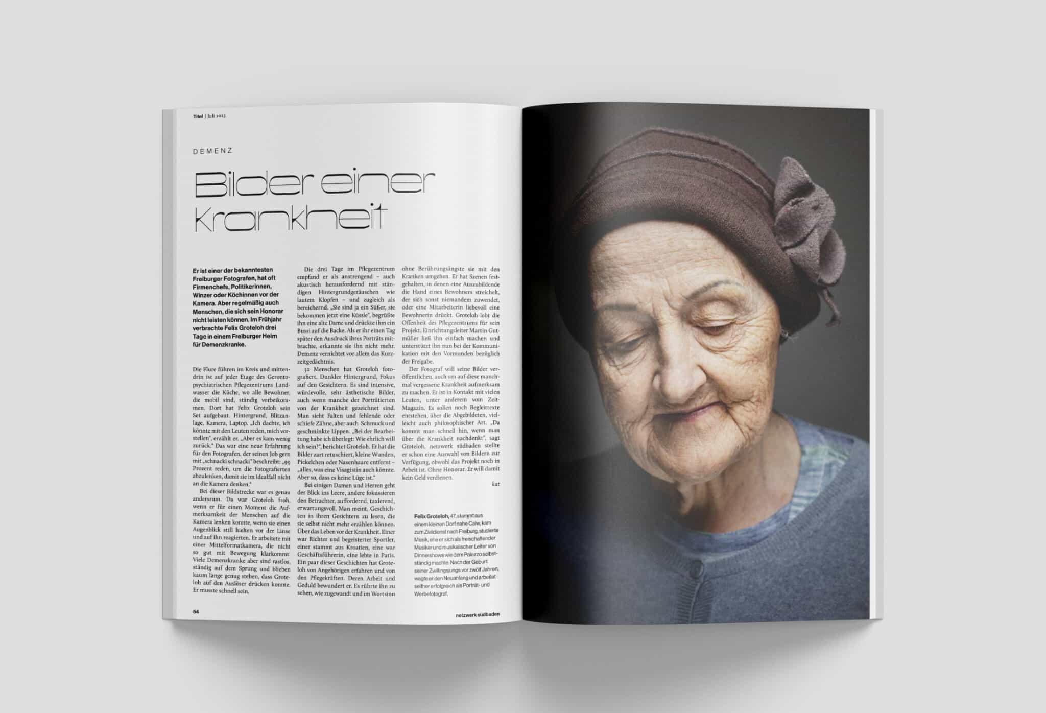 Aufgeschlagenes Magazin Netzwerk Südbaden mit der Bildstrecke von Demenzkranken Menschen